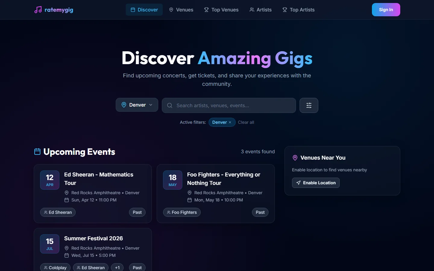 RateMyGig discovery page with a city filter, a search box and concert cards; the preview still shows seed events marked past.