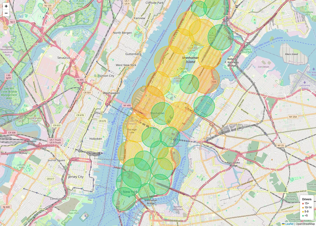 Leaflet map of Manhattan with one coverage circle per neighbourhood, coloured by the number of drivers assigned: 15 or more, 10 to 14, 5 to 9, or fewer than 5.